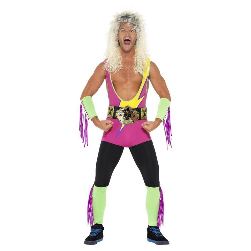 Smiffys Mens Retro Wrestler Costume Set / Pink/Green/Black